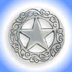 Silver Texas Star Concho.  This concho is a smooth, screw back with Beautiful engraving around the edge.  Sorry it's not real silver, just sliver color, and look.  Of course you get the same deal of Buy 5 and get the 6th one free!!